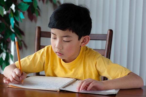 Young boy writing letter in a notebook.