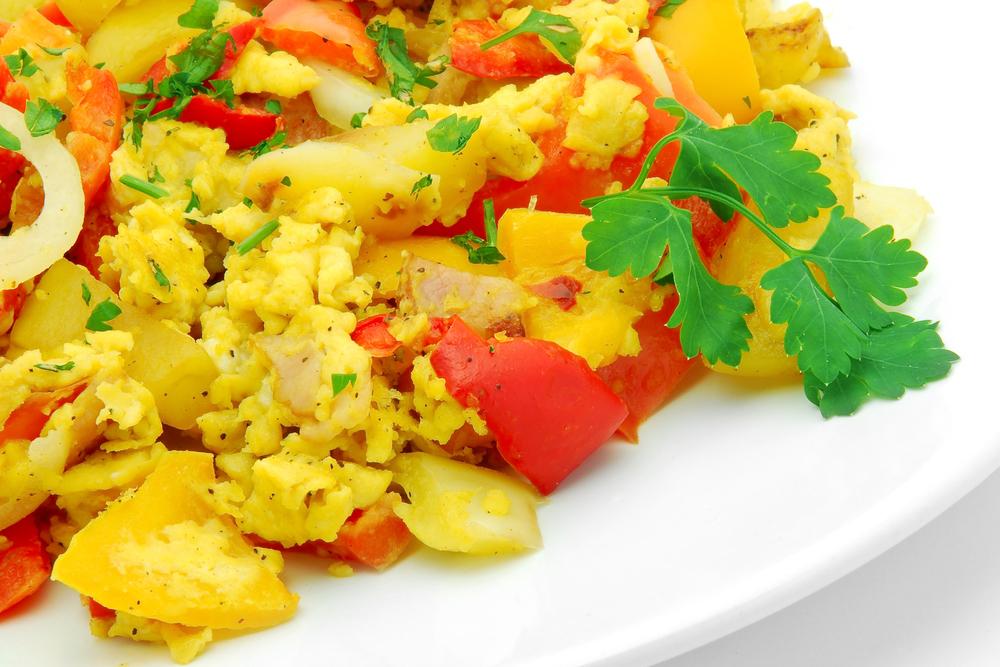 Egg scramble with a variety of vegetables.