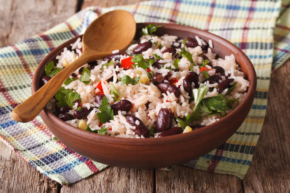 Bowl of rice, beans, and vegetables.