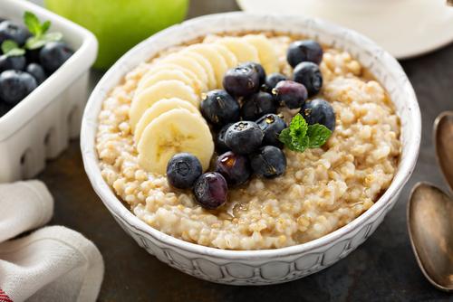 Oatmeal topped with blueberries and bananas.