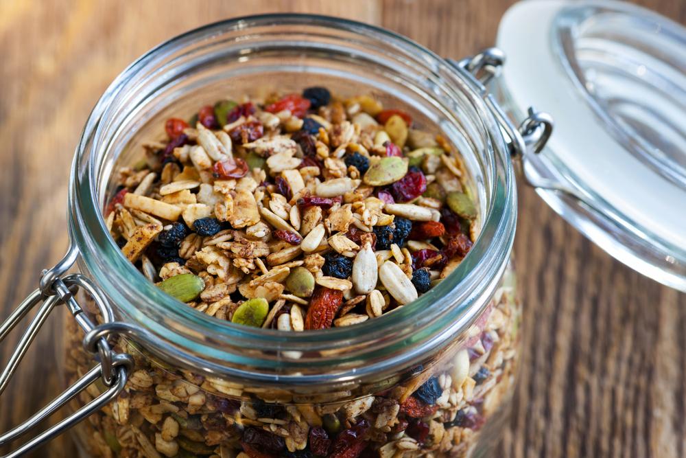 Trail mix in glass jar.