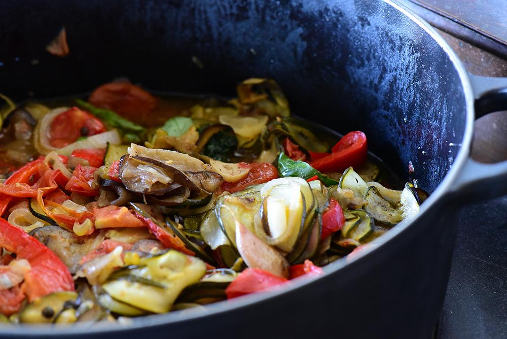 Close up of ratatouille in a pot.