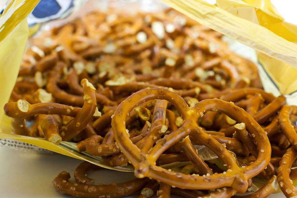 Close up of the inside of a bag of pretzels.